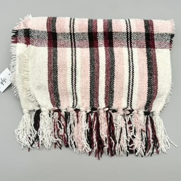 Style & Co Scarf Womens One Size Ivory Black Pink Fringe Trim Chenille Warm Cozy - Picture 1 of 6